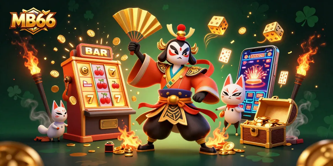 Immerse in the vibrant MB66 gaming scene with kabuki warrior and kitsune mask amidst slot machine action.