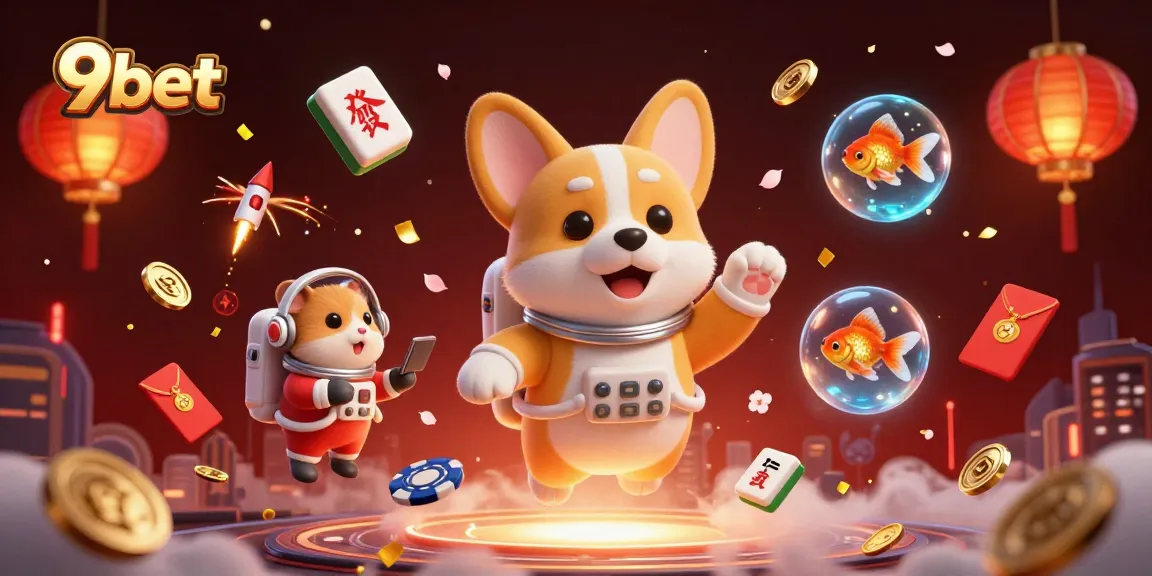 Experience exciting gaming at 9bet with a dog astronaut and casino elements.