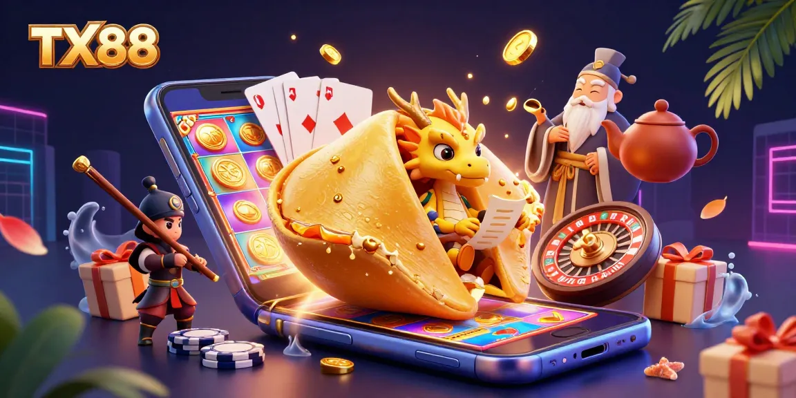 Engage with TX88's vibrant golden fortune cookie casino scene, featuring dragons and rich gaming elements.