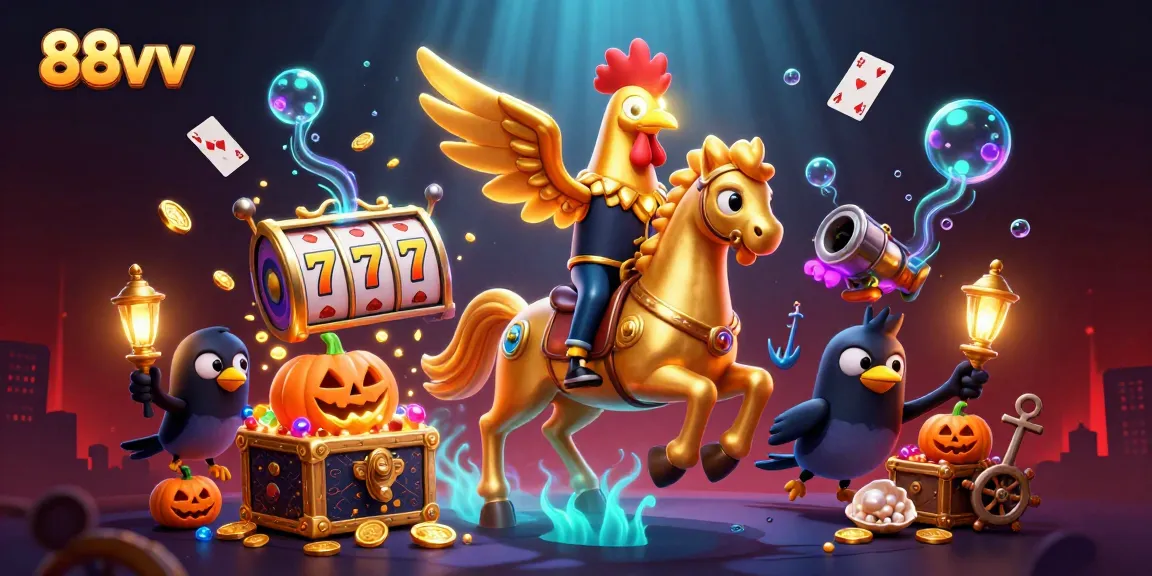 Engage in larger-than-life adventures at 88vv with a spectacular golden rooster riding through a vibrant casino.
