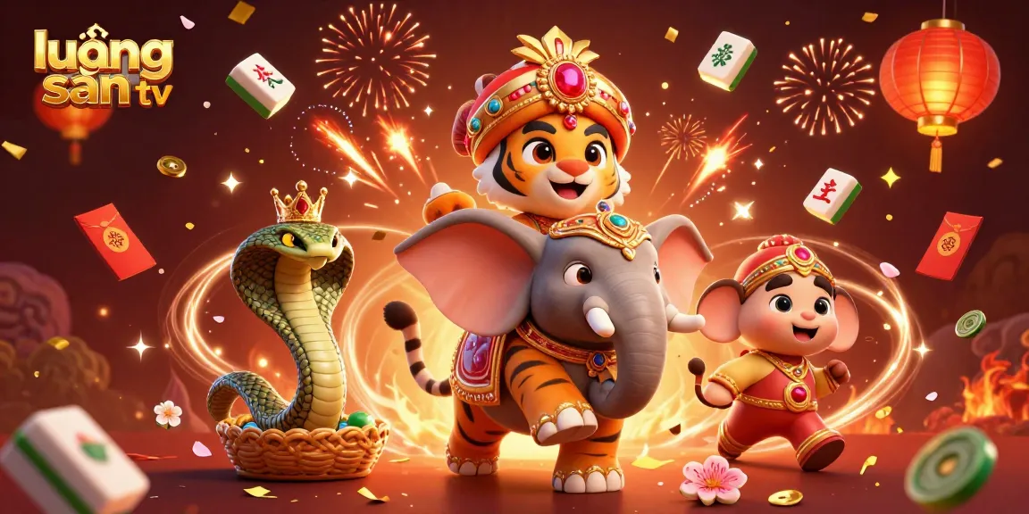 Engage with lương sơn tv in this vibrant 3D scene of a cartoon tiger and elephant celebrating with gemmed elements.